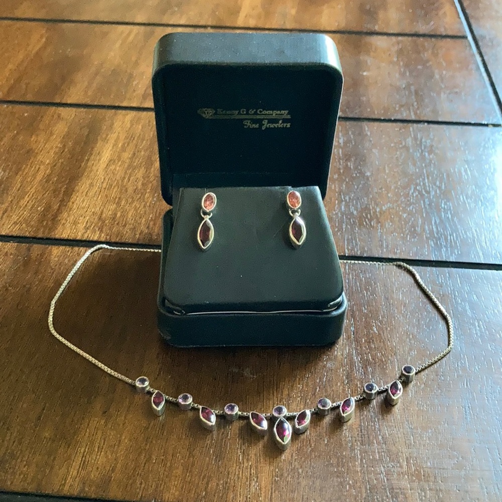 Sterling Silver Pink/Purple Necklace and Earrings